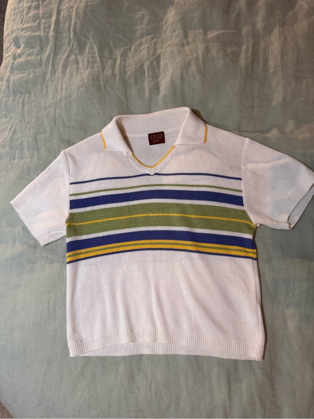 Vintage White Crop Polo Top with Green, Blue & Yellow Stripes